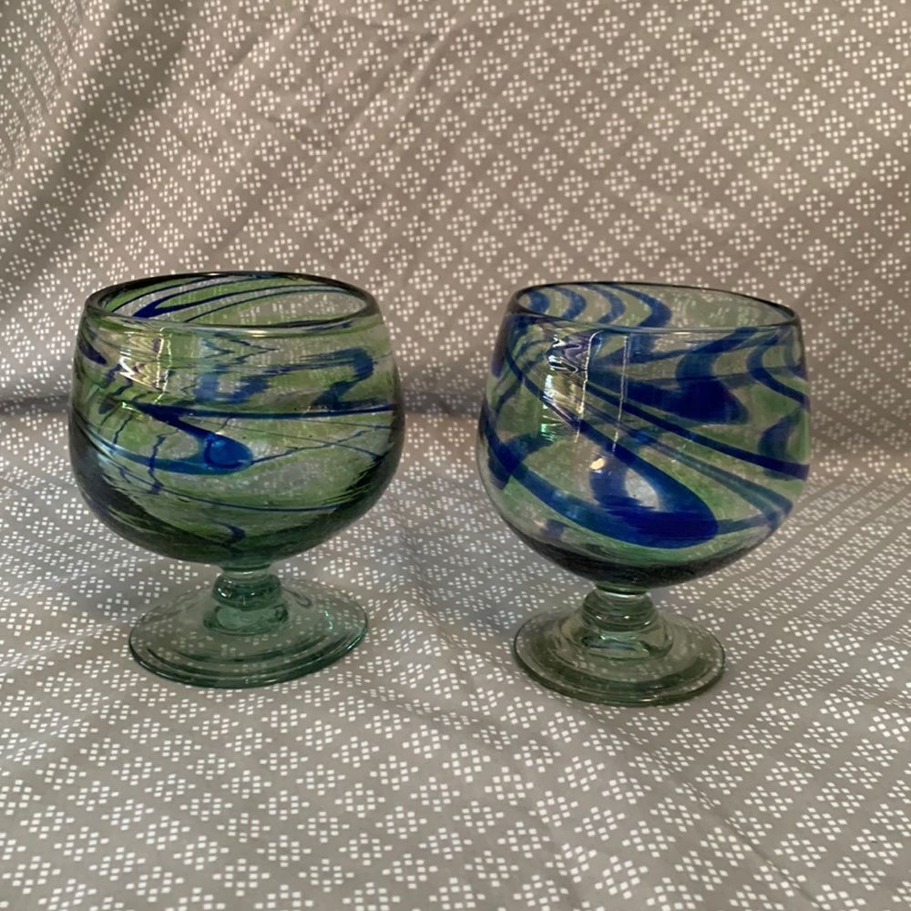 Set of 2 Mexican Handblown Glasses Blue Green Brandy Snifter Margarita